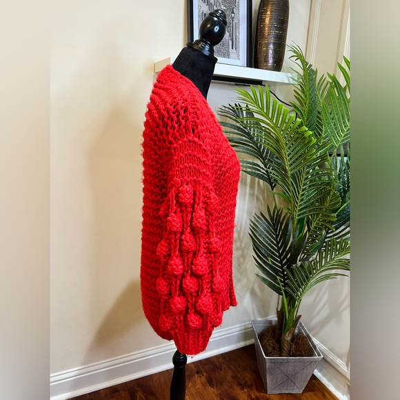Nasty Gal Red Pom Pom Red Chunky Knit Open Front Cardigan Medium - Picture 5 of 8